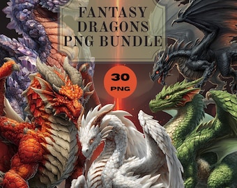 Pacchetto di clipart PNG di draghi fantasy, signori del fuoco gotici oscuri per giochi TTRPG D&D per uso commerciale, download di arte digitale