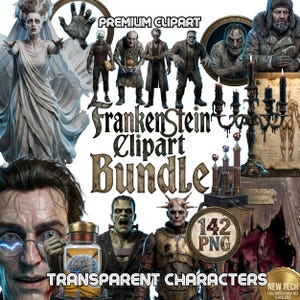 Peut inclure: Une collection numérique d'images clipart sur le thème de Frankenstein comprenant divers personnages, un candélabre, un cerveau dans un bocal et du matériel scientifique. Le texte indique PREMIUM CLIPART, Frankenstein Clipart Bundle, 142 PNG et TRANSPARENT CHARACTERS.