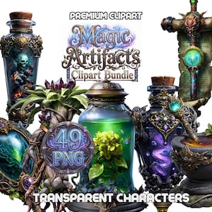 Może przedstawiać: Zbiór grafik clipart o tematyce fantasy, przedstawiający ozdobne butelki, zwój oraz moździerz i tłuczek. Butelki zawierają czaszkę, zielony płyn i fioletowe wiry. Obraz zawiera tekst "Magic Artifacts Clipart Bundle".