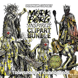 Mork Borg Inspired Clipart Bundle | PNG Gritty Yellow Gothic Horror Art | Grimdark Fantasy OSR Assets | Grotesque Undead Skeleton Demon
