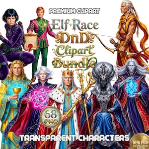 May include: A digital clipart bundle featuring various fantasy elf characters. The image includes illustrations of elves with different skin tones, clothing, and accessories. Text on the image reads "Elf Race DnD Clipart Bundle" and "Transparent Characters".