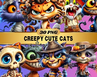 Creepy Cute Cat Clipart Bundle PNG | Kawaii Whimsical Monsters | Gothic Spooky Kitty Graphics | Digital Download Set