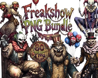 Vintage Horror Clown PNG Bundle, Dark Carnival Clipart, Spooky Jester Art, Creepy Freak Show Characters for Gothic Circus Apparel Design