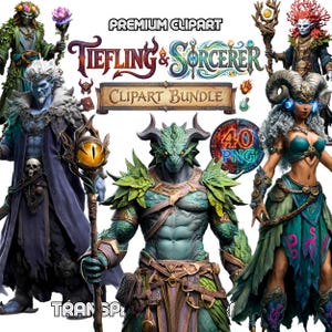 May include: A digital clipart bundle featuring fantasy characters, including Tieflings and Sorcerers. The image showcases various characters with unique designs, holding staffs and wearing detailed costumes. The text "PREMIUM CLIPART" and "CLIPART BUNDLE" are visible.