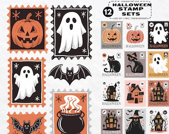 Vintage Halloween Stamp Clipart: Retro Witch, Ghost, Pumpkin PNGs (Digital Download)