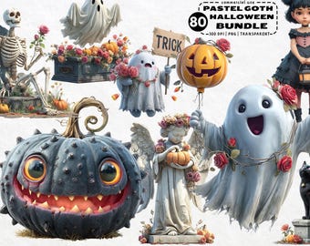 Pastel Goth Halloween Clipart Bundle Spooky Cute 3D PNG Set with Witch Cat Pumpkin Ghost Skull Bat Digital Download