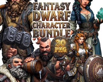 May include: A digital illustration featuring a fantasy dwarf character bundle. The image includes several detailed dwarf characters, each with unique armor, weapons, and accessories. The text "Fantasy Dwarf Character Bundle" and "30 PNG" are also visible.