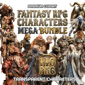 Puede incluir: Ilustración digital que presenta una colección de personajes de RPG de fantasía. La imagen incluye varios personajes como enanos, elfos y magos. El texto en la imagen dice "PREMIUM CLIPART", "FANTASY RPG CHARACTERS MEGA BUNDLE", "140 PNG" y "TRANSPARENT CHARACTERS".
