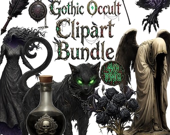 May include: A digital clipart bundle featuring gothic and occult themes. Includes a black cat with glowing green eyes, a potion bottle with a skull, a scythe, and a dark angel statue. The text reads "Gothic Occult Clipart Bundle" and "Transparent Characters".