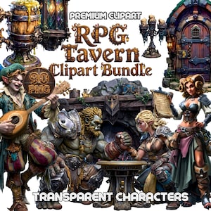 Puede incluir: Un paquete de imágenes prediseñadas digitales con elementos y personajes de tabernas RPG de fantasía. La imagen incluye una variedad de personajes, una chimenea, un barril de madera y el texto "RPG Tavern Clipart Bundle". Los personajes son transparentes.