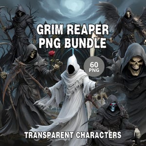 May include: A digital art bundle showcasing several Grim Reaper figures. The image includes the text "Grim Reaper PNG Bundle" and "Transparent Characters". The characters are dressed in black and white robes, some with scythes and wings, set against a dark backdrop.