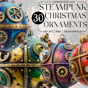 Steampunk Christmas Ornaments Clipart Bundle: Vintage Xmas Baubles PNG (Digital Download