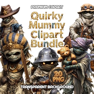 Peut inclure: Un lot de cliparts numériques avec plusieurs personnages de momies originaux dans diverses tenues. Les momies sont enveloppées de bandages et portent des chapeaux, des casques et tiennent un ours en peluche. Le texte indique "Quirky Mummy Clipart Bundle" et "Transparent Background".