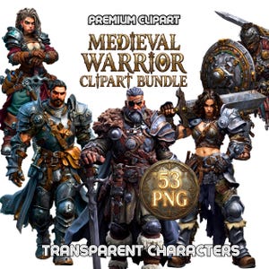 Puede incluir: Ilustración digital de un paquete de imágenes prediseñadas de guerreros medievales. La imagen muestra varios personajes de guerreros detallados con armaduras, sosteniendo espadas y escudos. El texto incluye "PREMIUM CLIPART", "MEDIEVAL WARRIOR CLIPART BUNDLE", "53 PNG" y "TRANSPARENT CHARACTERS".