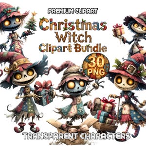 Lot de sorcières de Noël originales PNG | Clipart squelette cousu fantaisiste pour sublimation | Patchwork fantasmagorique des fêtes en téléchargement numérique