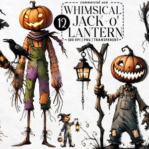 May include: Watercolor illustrations of whimsical Jack-o'-Lantern scarecrows with carved pumpkin heads, wearing patched overalls and straw limbs. One holds a crow, another a lantern. The text reads "WHIMSICAL 12 JACK-O' LANTERN".