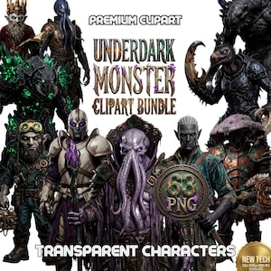 May include: A collection of fantasy monster clipart characters. The image includes various creatures with detailed armor, tentacles, and glowing accents. Text includes "UNDERDARK MONSTER CLIPART BUNDLE" and "TRANSPARENT CHARACTERS".