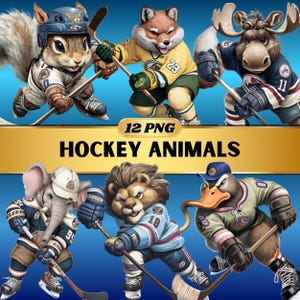 Puede incluir: Ilustración digital de seis animales antropomórficos jugando al hockey. Los animales, incluyendo una ardilla, un zorro, un alce, un elefante, un león y un pato, visten uniformes de hockey. La imagen incluye el texto "12 PNG HOCKEY ANIMALS".