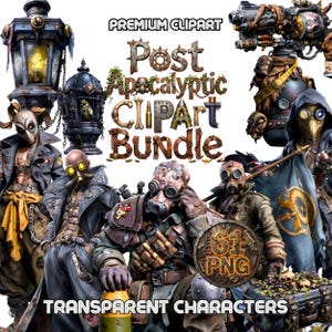 May include: A digital clipart bundle featuring post-apocalyptic characters with gas masks and steampunk-inspired gear. The image includes the text "Post Apocalyptic Clipart Bundle" and "Transparent Characters". The bundle contains 61 PNG files.