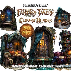 May include: A digital clipart bundle featuring fantasy tavern scenes. The image includes various illustrations of tavern interiors, windows, and architectural elements. Text includes "Premium Clipart", "Fantasy Tavern Clipart Bundle", "50 PNG", and "Transparent Characters".