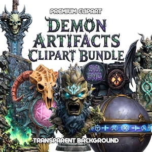 May include: A collection of fantasy-themed clipart images featuring demon artifacts. The images include a skull-topped sword, a horned skull, a demonic bust with glowing blue eyes, and a decorative orb. The text reads "Premium Clipart", "Demon Artifacts Clipart Bundle", and "Transparent Background".