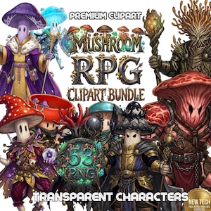 Pilz Clipart Bundle | Fantasie PNG Charakter | Myconid Fungusvolk Krieger Magier Schurke | D&D inspiriert Waldkreatur Sprites