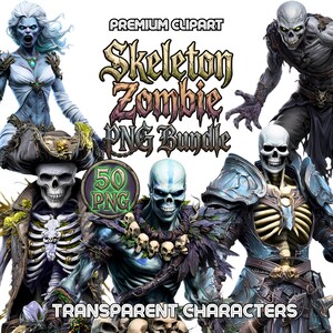 May include: A digital art bundle featuring various skeleton and zombie characters. The image includes the text "Skeleton Zombie PNG Bundle" and "Transparent Characters". The characters are in shades of blue, gray, and white, with detailed armor and clothing.