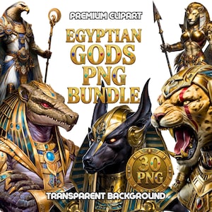 Paquete PNG de dioses egipcios: imágenes mitológicas de Anubis, Bastet, Ra, Isis, Thoth, Horus, Osiris y más para proyectos de manualidades digitales.