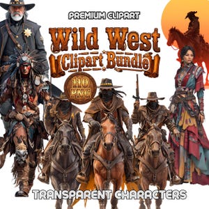 Wilder Westen Clipart PNG Bündel | Historische Cowboy Outlaw Saloon Town Grafiken | Vintage Native American Retro T-Shirt Sublimationsdesignpaket