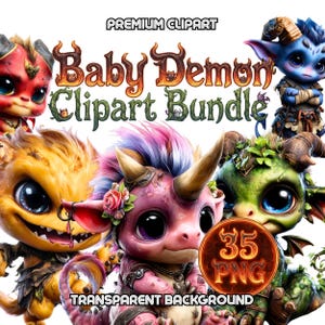 Baby Demon Clipart Bundle PNG | Söta monstergrafik | Fantasi lilla odjur | Nyckfull drakekonst | Bedårande hornade varelser | Mytisk
