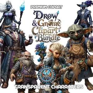 Puede incluir: Un paquete de arte digital con personajes de fantasía, incluyendo un drow, un gnomo y una criatura parecida a Yoda. La imagen incluye el texto "Premium Clipart", "Drow & Gnome Clipart Bundle" y "Transparent Characters".