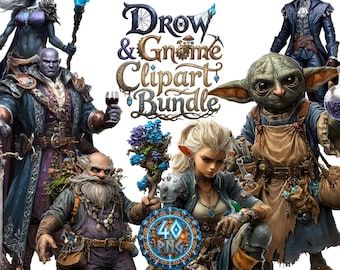 Drow Gnome Character PNG Bundle | Dark Elf Sorceress Deep Tinker Portrait | Fantasy RPG Avatar | Tabletop Warlock Artificer Assets