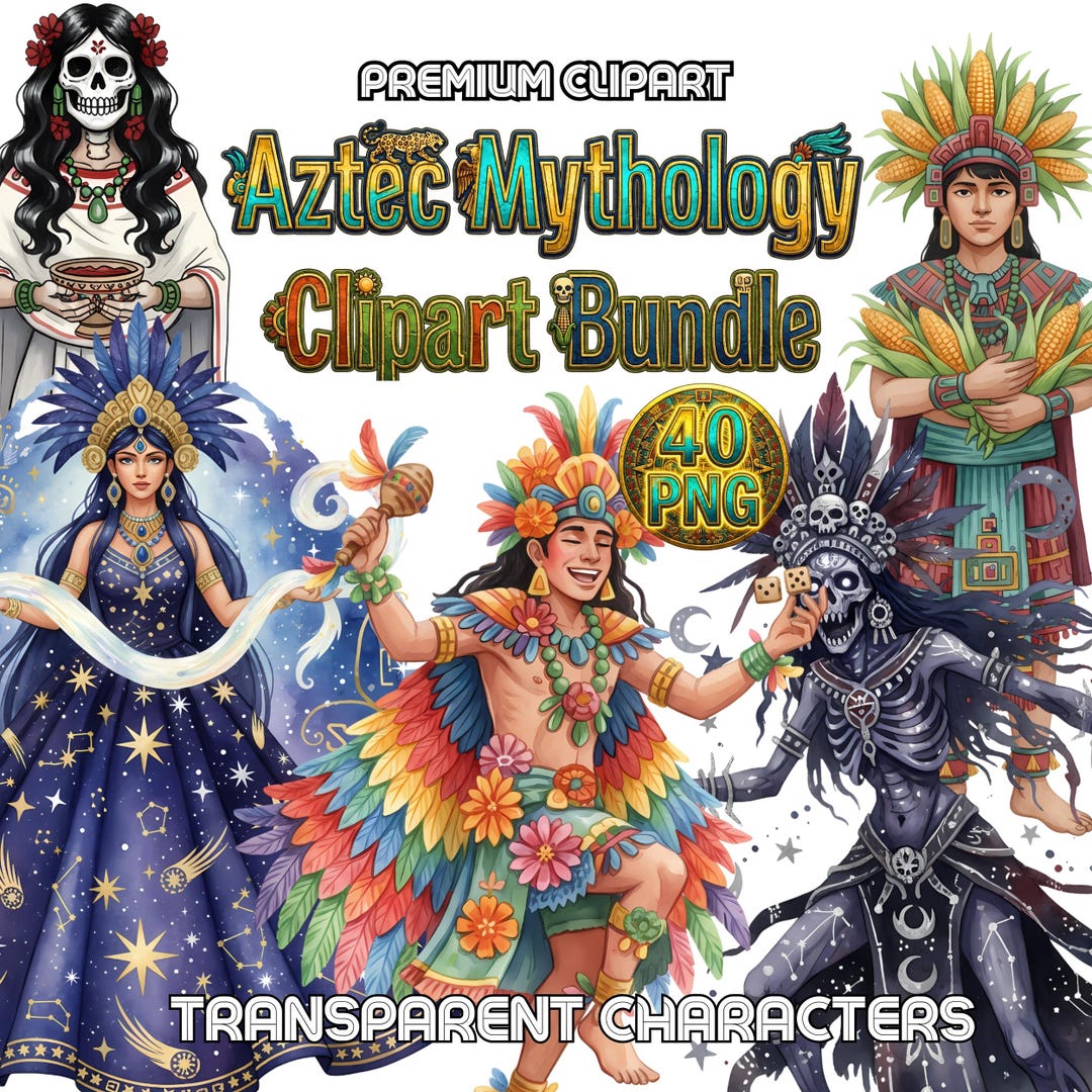 Watercolor Aztec Mythology PNG Bundle | Tzitzimitl Skull God, Vibrant ...