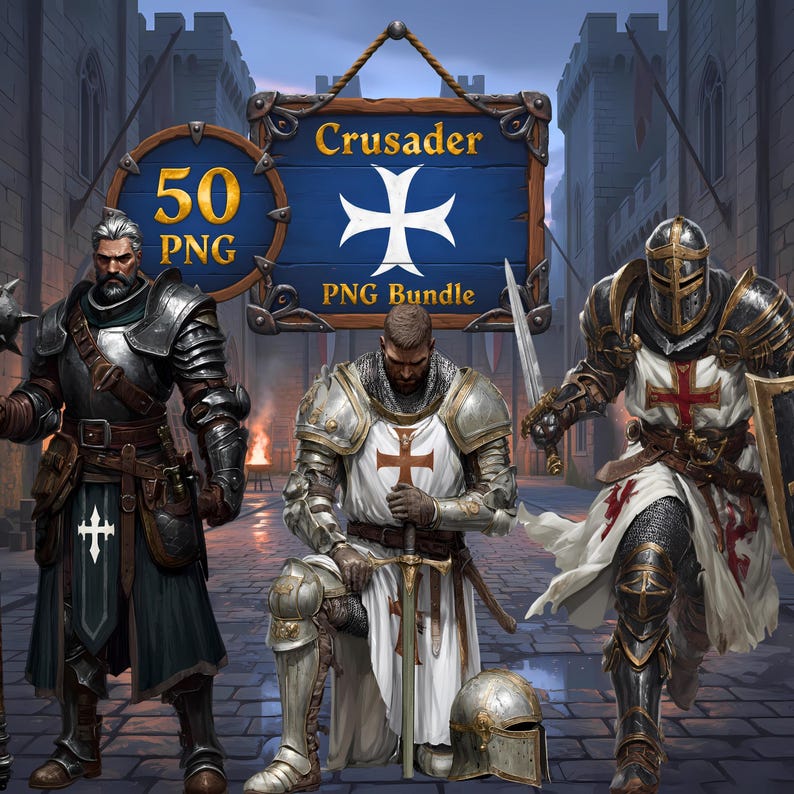 Knight Crusader Art PNG Bundle | Fantasy Warrior Medieval Armor Graphic ...