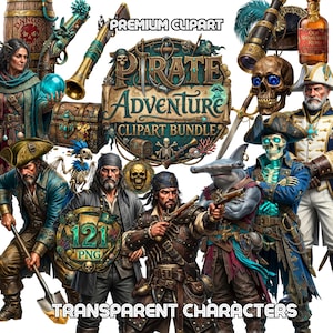 Puede incluir: Un paquete de imágenes prediseñadas digitales con temática pirata. La imagen presenta varios personajes piratas, armas, cofres del tesoro y una pancarta que dice "Pirate Adventure Clipart Bundle". La imagen también incluye el texto "Premium Clipart" y "Transparent Characters".