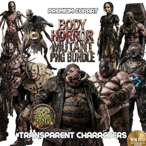 May include: A digital art bundle featuring various body horror mutant PNG characters. The image includes several grotesque figures with detailed textures and designs. Text on the image reads "PREMIUM CLIPART", "BODY HORROR MUTANT PNG BUNDLE", and "TRANSPARENT CHARACTERS".