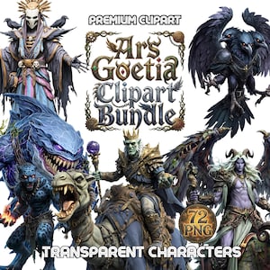 May include: A digital art bundle titled "Ars Goetia Clipart Bundle" featuring fantasy characters and creatures. The image includes a variety of illustrations, such as a robed figure, a three-headed raven, and a king riding a camel. The image also includes the text "Premium Clipart" and "Transparent Characters".