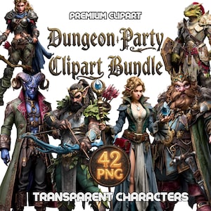 May include: A digital clipart bundle featuring fantasy characters. The image includes a variety of characters, including a warrior, a sorcerer, and a dwarf. The text reads "Dungeon Party Clipart Bundle" and "Transparent Characters". The bundle contains 42 PNG images.