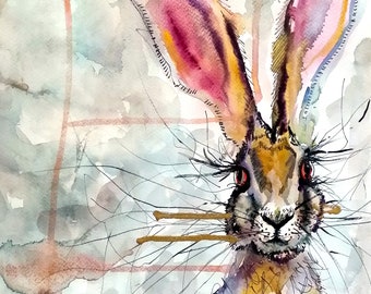 Gift for girl, Hare Print picture of an original watercolour painting "Hare Miss Hare"