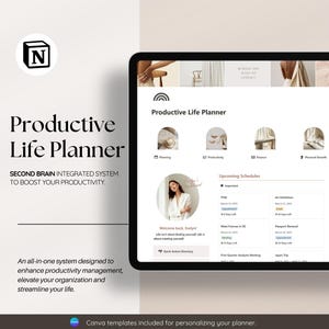 May include: A digital planner displayed on a laptop screen, titled "Productive Life Planner". The planner is divided into sections for planning, productivity, finance, and personal growth. It also includes a section for upcoming schedules, listing events and deadlines.