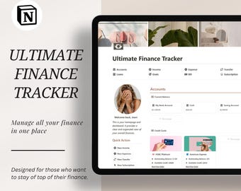 May include: A digital tablet displaying a finance tracker interface. The screen shows account summaries, income, expenses, and goals. Text on the screen reads "Ultimate Finance Tracker" and "Manage all your finance in one place."