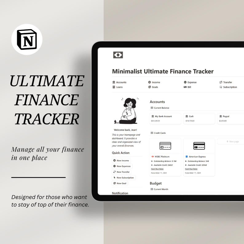 Notion Personal Finance Tracker Template: Minimalist Budget Planner - Etsy