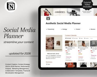 Planificador de redes sociales Notion 2025-2026: Calendario de contenido, plantillas empresariales (descarga digital)