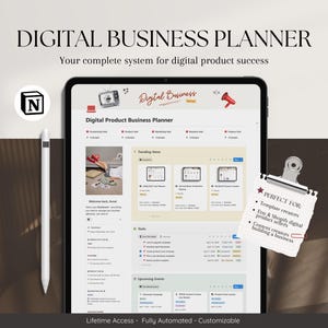 May include: A digital business planner displayed on a tablet with a stylus. The screen shows a planner interface with sections for productivity, marketing, and finance. Text includes "Digital Business Planner" and "Digital Product Business Planner."