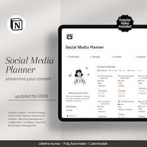 Könnte beinhalten: Ein digitaler Social-Media-Planer auf einem Tablet. Er enthält Abschnitte für Produktivität, Strategie und Inhalte, sowie einen Inhaltskalender und ein Tutorial-Video. Der Text lautet "Social Media Planner" und "streamline your content".