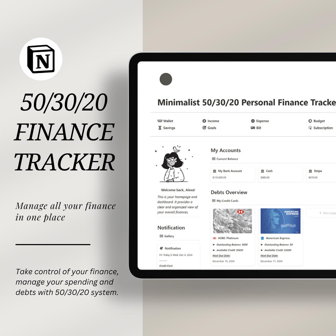 2025 Minimalist Notion Finance Tracker, 50/30/20 Budget Tracker, Notion ...