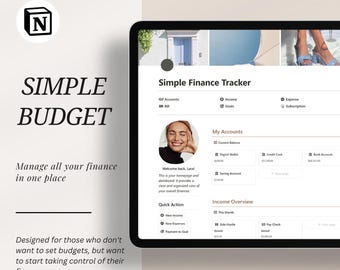 May include: A screenshot of a website showing a simple finance tracker. The website has a light background with a dark blue and white color scheme. The website has a section for accounts, income, expenses, and goals. The website also has a section for quick actions, such as adding new income or expenses. The website is designed to help users manage their finances.