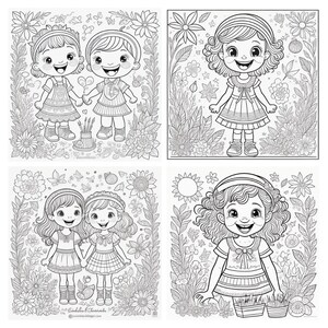 Puede incluir: Página para colorear en blanco y negro con cuatro ilustraciones de niñas con flores y mariposas. Las niñas llevan vestidos y tienen el pelo largo. Las ilustraciones están rodeadas por un borde floral.