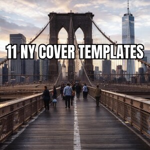 Può includere: Immagine del ponte di Brooklyn a New York con il testo "11 NY COVER TEMPLATES" sovrapposto. Il ponte è affollato di persone che lo attraversano. Lo skyline di New York, con i suoi grattacieli, è visibile sullo sfondo.
