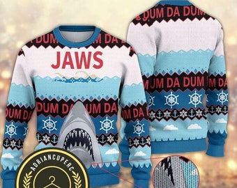 Pull laid Jaws, pull de Noël requin, pull de Noël laid du film de requin d’horreur, pull d’Halloween Jaws Horror